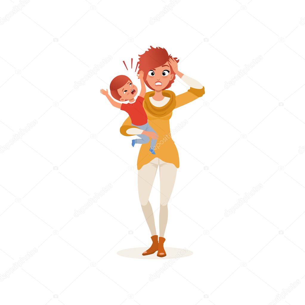 Tired mother with crazy hair holding her screaming son on her hands, parenting stress concept, relationship between children and parents vector Illustration on a white background