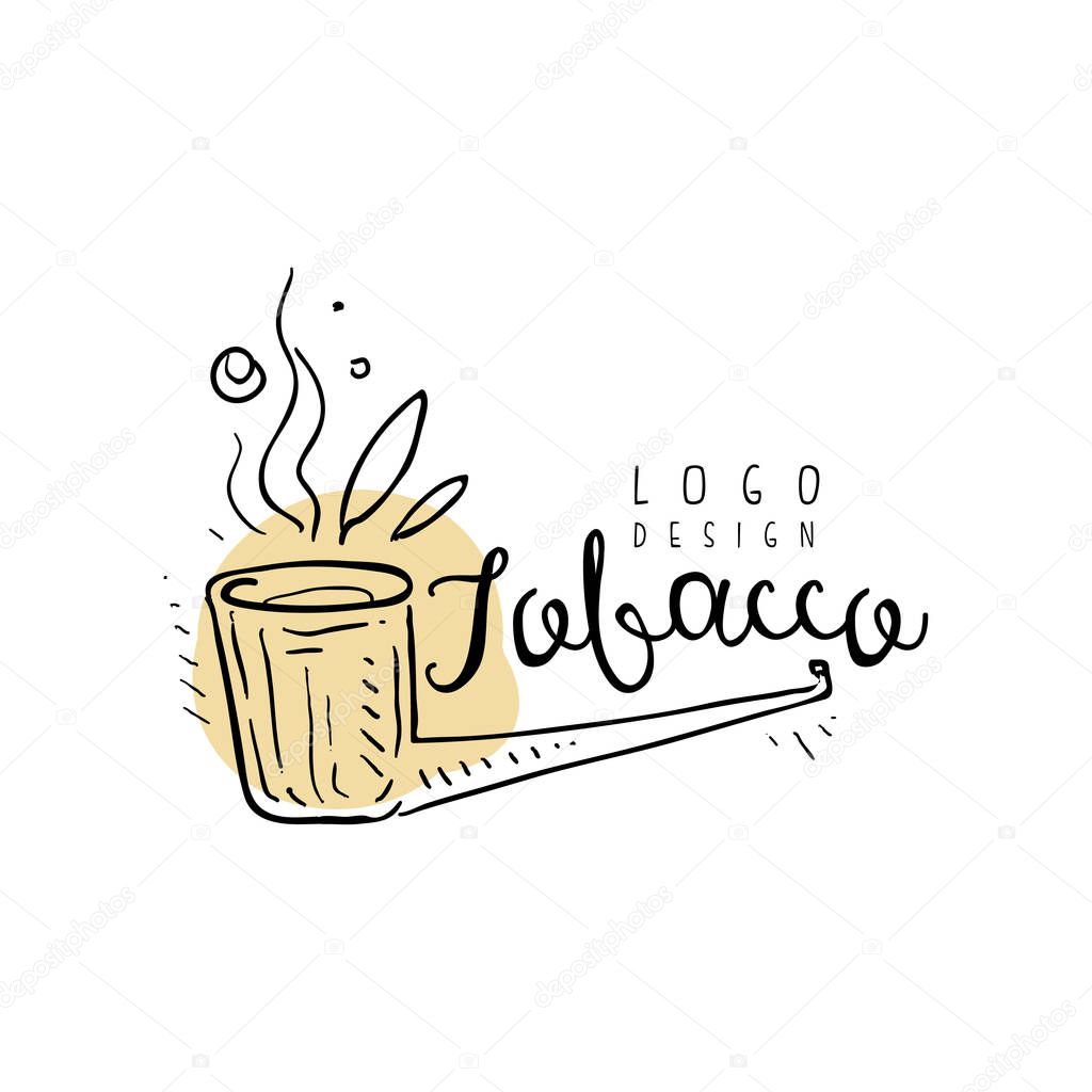 Tobacco logo design, emblem with smoking pipe can be used for smoke shop, gentlemens club and tobacco products hand drawn vector Illustration isolated on a white background.