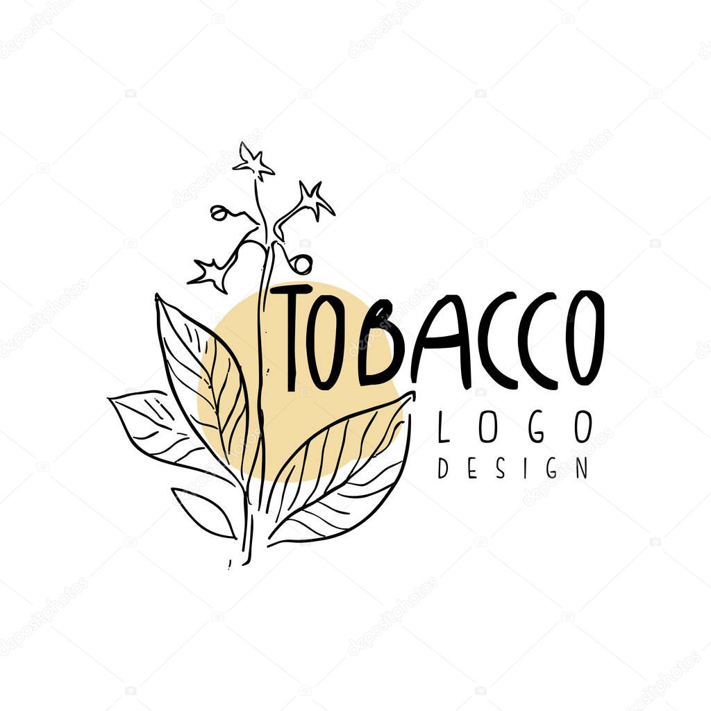 Tobacco logo design, emblem with tobacco plant can be used for smoke shop, gentlemens club and tobacco products hand drawn vector Illustration isolated on a white background.