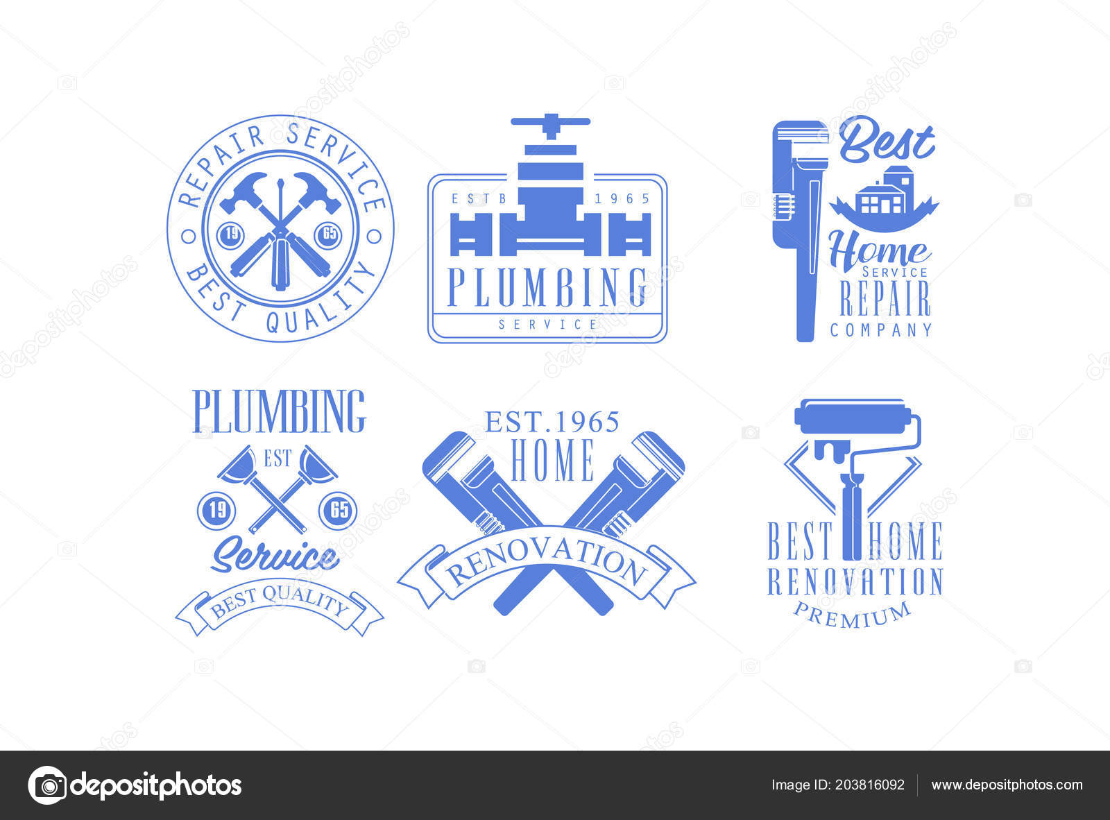 Set Of Blue Emblems For Plumbing And Construction Services