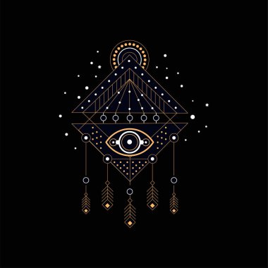 Rüya yakalayıcı, din, maneviyat etnik sembolü, öğe için moda yazdırma, etiket, siyah bir arka plan üzerinde poster vektör çizim tasarım