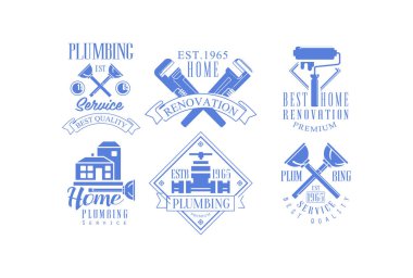 Vektör sıhhi tesisat ve inşaat hizmetleri için 6 tek renkli logo şablonlar kümesi. Ev yenileme, ev boyama ve onarım