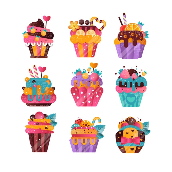 Ensemble vectoriel plat de délicieux cupcakes avec dégradés et texture. Muffins sucrés décorés de baies, fruits, cannes à bonbons et feuilles de menthe — Image vectorielle