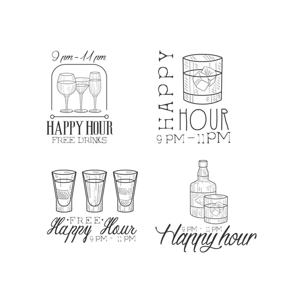 Set vettoriale di 4 insegne promozionali per cocktail bar. Modelli di logo in bianco e nero disegnati a mano con diverse bevande. Bevande alcoliche — Vettoriale Stock