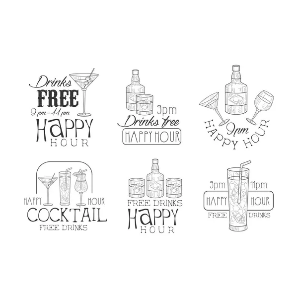 Kafe ya da kokteyl bar için siyah ve beyaz logoları vektör ayarlayın. El şişe ile amblem ve gözlük içecekler ile çekilmiş. Alkollü içecekler