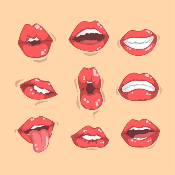 Set of red womens lips with different emotions. Female mouths with white teeth. Flat vector for mobile app, sticker or promo poster — Stock Vector