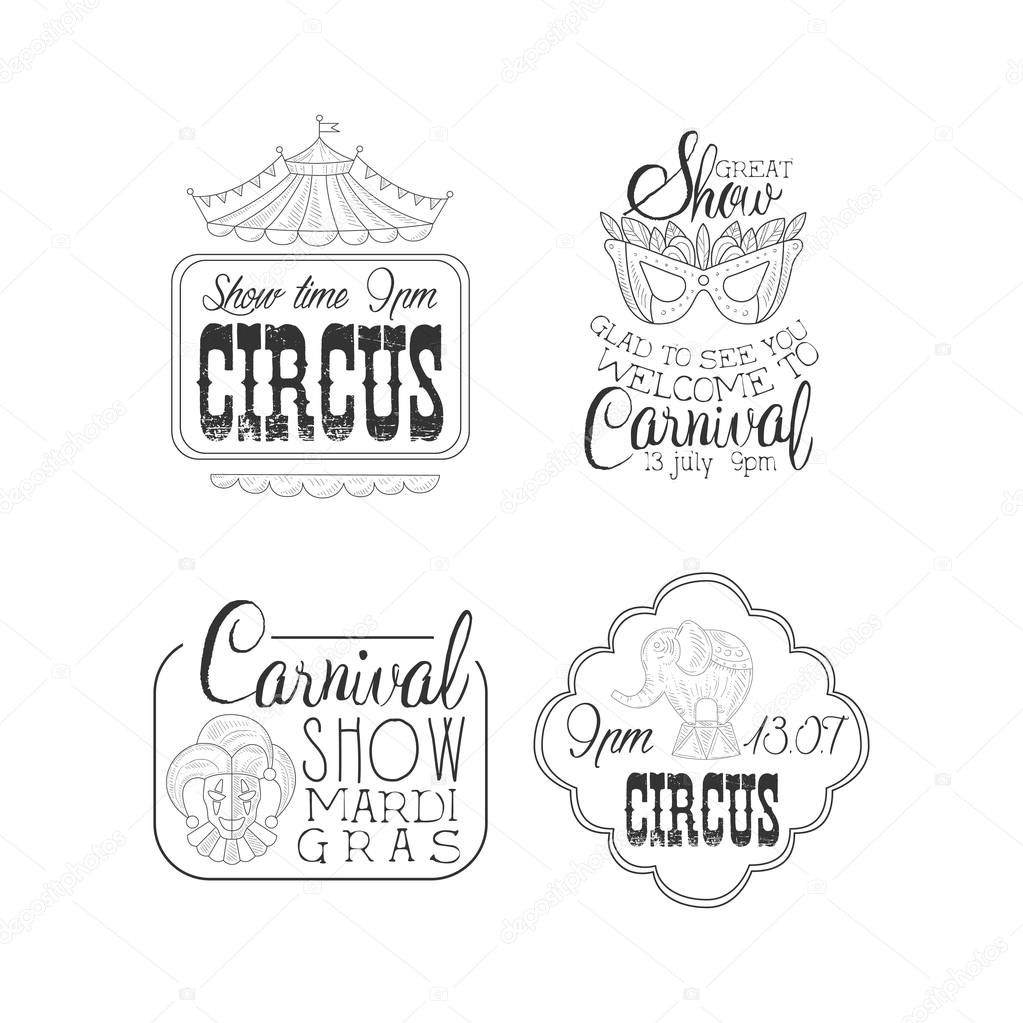 Vector set of circus and Mardi Gras carnival signs. Black and white logo templates with top of tent, masquerade mask, jester and elephant