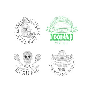 Meksika restoranı için özgün Amblemler kümesi. El logolar Meksika'nın kültürel simgeleri ile çekilmiş. Vektör öğeleri reklam veya menü