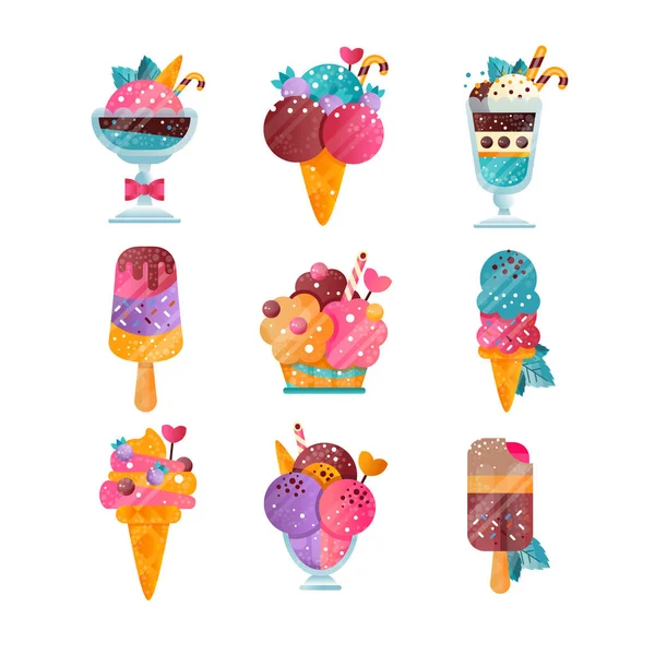 Conjunto de vectores planos de helado con gradientes y textura. Sabrosos postres congelados decorados con chispas, bayas, hojas y bastones de caramelo . — Vector de stock