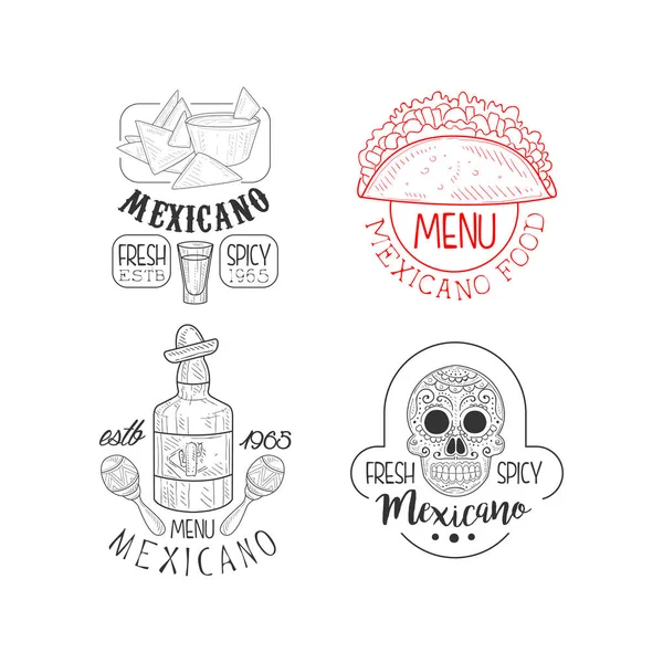 Ensemble de logos mexicains monochromes. Emblèmes de style croquis avec nachos et tacos, tequila et crâne. Vecteur pour menu restaurant — Image vectorielle