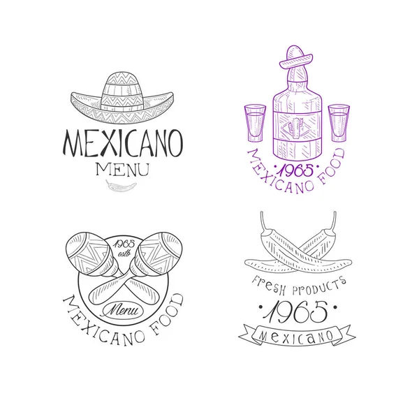 Vector uppsättning 4 ursprungliga logotyper för mexikansk restaurang. Monokrom emblem med sombrero hatt, tequila, maracas och chilipeppar — Stock vektor
