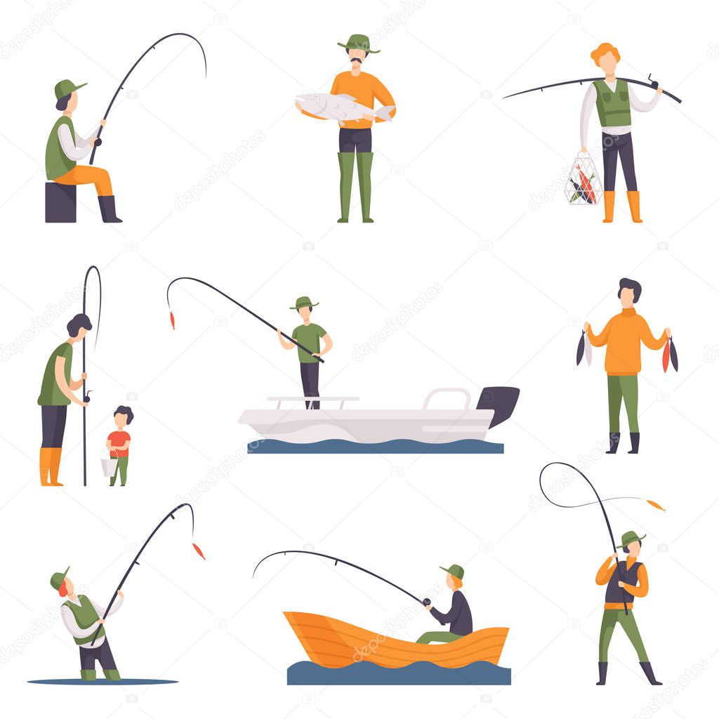 Flat vector set of fishing people with fish and equipment. Fishermen in boats with fishing rods. Outdoor activity