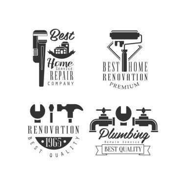 Sıhhi tesisat ve Hizmetleri tamiri için logolar. Ev yenileme şirket. Tek renkli vektör Amblemler araçları, su musluklar ve metin