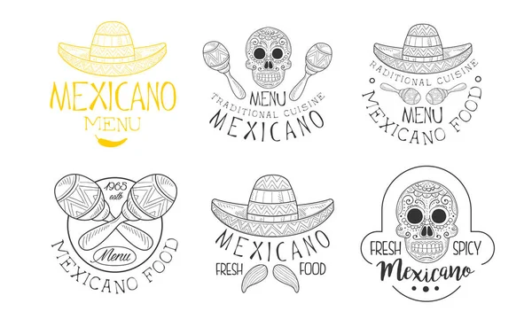 Set de 6 logos mexicanos para restaurantes tradicionales. Emblemas dibujados a mano con símbolos culturales de México. Vector para menú o publicidad — Archivo Imágenes Vectoriales