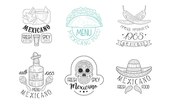 Vectoe set di schizzi emblemi per il ristorante messicano. Loghi disegnati a mano con cibi e bevande tradizionali, teschio e cappello sombrero con baffi — Vettoriale Stock