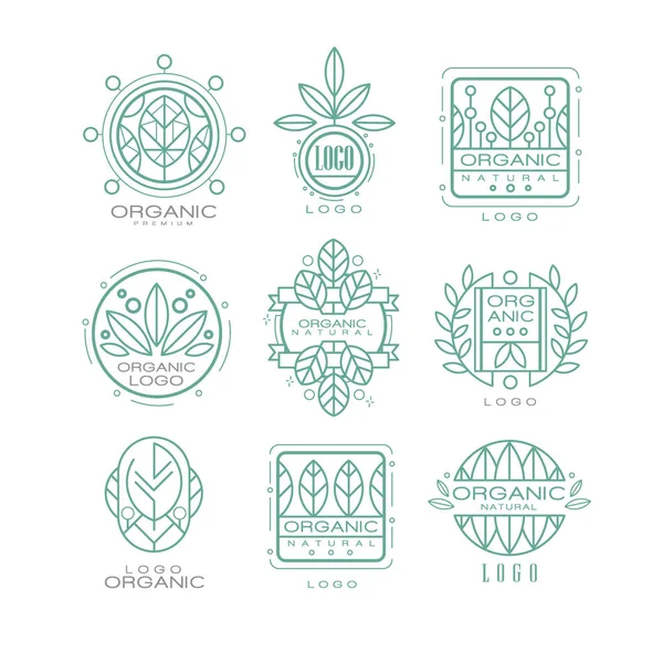 Vector uppsättning ursprungliga ekologiska logotyper. Linjär emblem med abstrakta lämnar för naturkosmetik, eco livsmedelsprodukter eller wellness center — Stock vektor