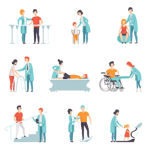 Flat vector set of people on rehabilitation. Physiotherapy clinic. Doctors working with patients. Healthcare and treatment — Stock Vector