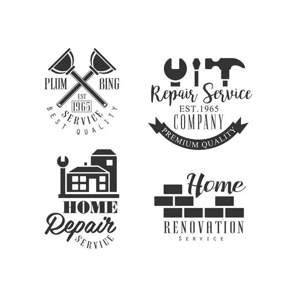 Conjunto de logotipos para serviços de reparo. emblemas vetoriais preto e branco com instrumentos de trabalho, edifícios e parede de tijolo. Empresa de renovação de casas — Vetor de Stock