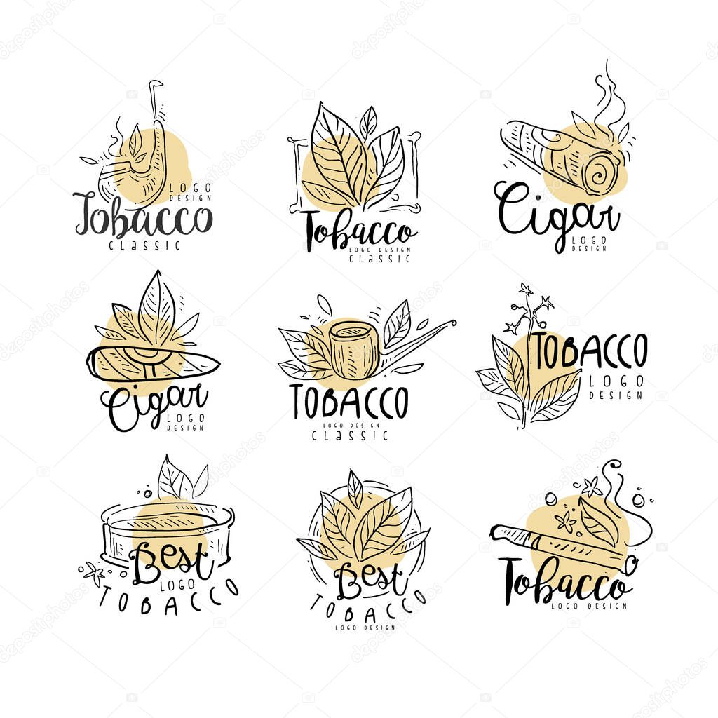 Tobacco logo design set, emblems can be used for smoke shop, gentlemens club and tobacco products hand drawn vector Illustrations isolated on a white background.