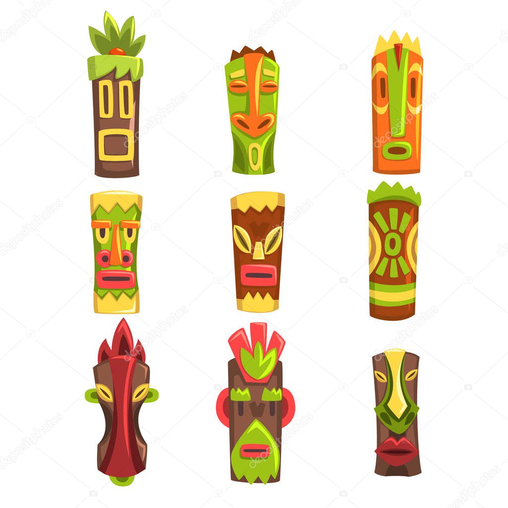 Traditional religious totems set, colorful ethnic tribal ritual masks vector Illustrations on a white background