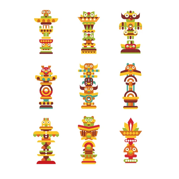 Religiösa totem set, färgglada native kulturella tribal symboler vektor illustrationer på en vit bakgrund — Stock vektor