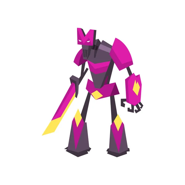 Strong robot transformer in bright purple color. Powerful metal warrior with sword. Flat vector design for video game, poster, print — Stock Vector