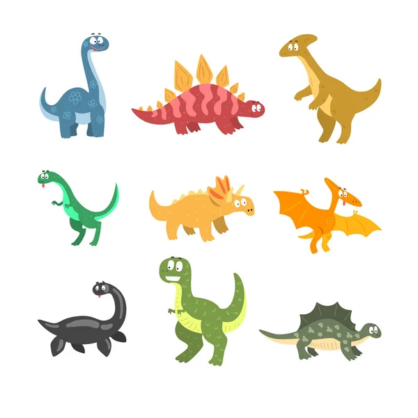 Lapos vektor rajzfilm dinoszauruszok csoportja. Vicces állatok, a jura időszakban. Elemek, képeslap, a gyermekek könyv, a matrica vagy a mobil játék — Stock Vector