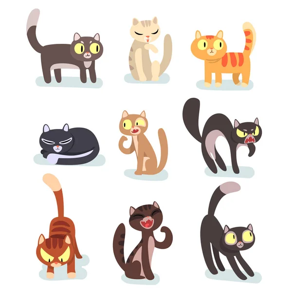 Conjunto de vectores planos de diferentes gatos. Divertidos personajes de dibujos animados. Mascotas caseras. Lindos animales domésticos. Elementos para póster, pegatina o juego para móviles — Vector de stock