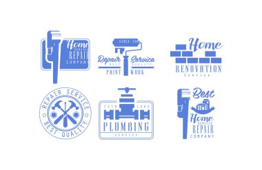 Sıhhi tesisat ve ev yenileme hizmetleri için tek renkli logoları vektör kümesi. Ev onarım ve boya için mavi Amblemler şirket iş