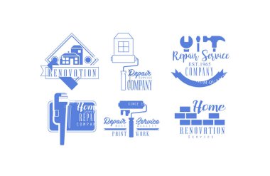 Onarım hizmetleri için orijinal mavi logoları. Tek renkli amblem şirketler ev yenileme ve boya için çalışıyorum. Promo poster için vektör tasarımı