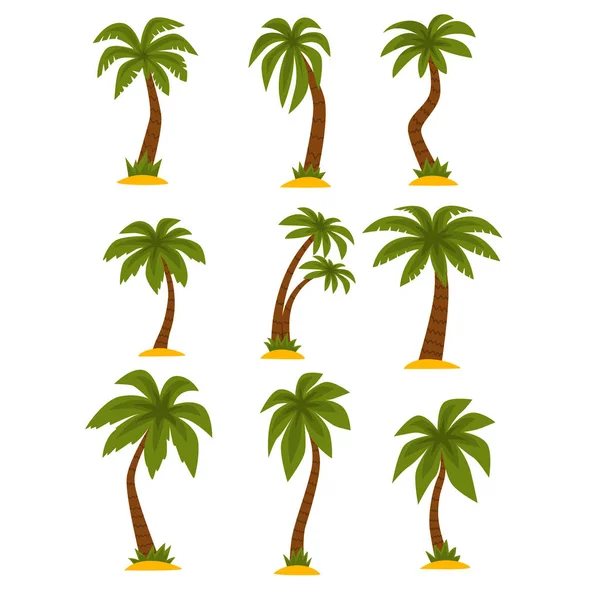 Conjunto de vectores planos de palmas tropicales de dibujos animados. Árboles altos con largas hojas verdes y troncos marrones. Elementos para juego móvil o impresión — Archivo Imágenes Vectoriales