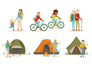 Mutlu etmek insanlar düz vektör kümesi. Etkin açık hava etkinliği. Hiking, kamp ve seyahat Bisiklete binme