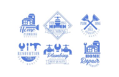Vektör sıhhi tesisat ve ev yenileme hizmetleri için mavi logo şablonlar kümesi. Amblem binalar, aletleri ve su musluklar çalışma