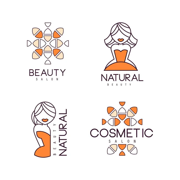 Geometrische emblemen voor beauty salon of natuurlijke cosmetica. Logo's voor een overzicht met oranje vulling. Vector etiketten met vrouwen silhouetten en abstracte patronen — Stockvector