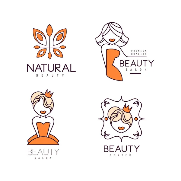 Logotipos vectoriales para salón de belleza o cosmética natural. Emblemas con siluetas abstractas de mariposa y niñas. Etiquetas lineales con relleno naranja — Archivo Imágenes Vectoriales