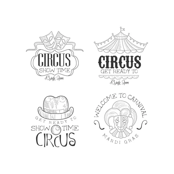 Vector set of sketch style emblems for circus and Mardi Gras carnival. Original hand drawn logos for advertising banner, poster or flyer — Stock Vector