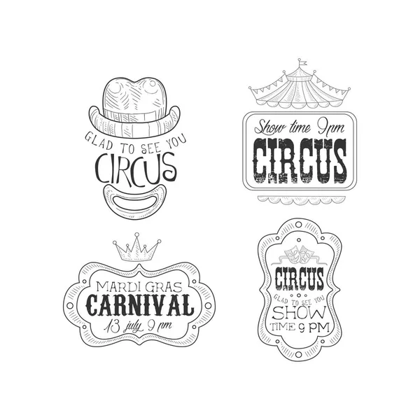 Conjunto vetorial de logotipos monocromáticos para circo e carnaval de Mardi Gras. Esboço emblemas com palhaços chapéu e boca, telhado de marquise, coroa e máscaras — Vetor de Stock