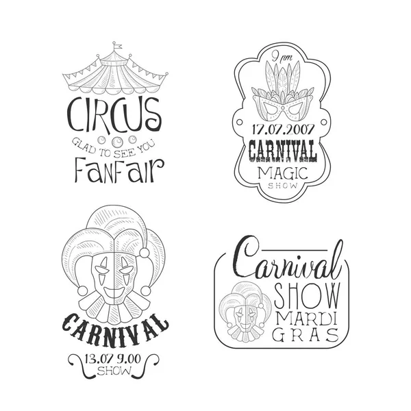 Vectoe conjunto de circo monocromático e emblemas de carnaval Mardi Gras. Logotipos desenhados à mão com parte superior da tenda, máscara de máscaras e jesters — Vetor de Stock