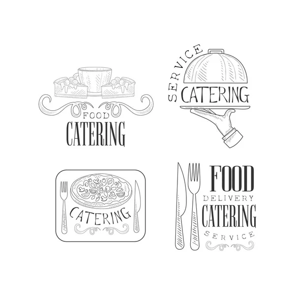 Ensemble de 4 logos vectoriels pour les services de restauration. Emblèmes dessinés à la main avec tasse à café et gâteaux, plateau de service, délicieuse pizza et couverts — Image vectorielle