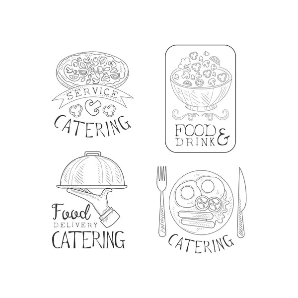 Logotipos vectoriales monocromáticos para empresas de catering. Servicio de comida. Emblemas con deliciosos platos, mano con bandeja y texto caligráfico — Vector de stock