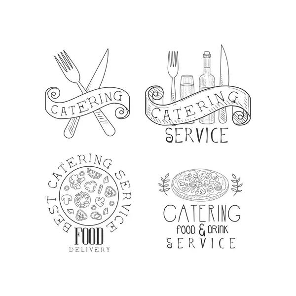 Ensemble de 4 emblèmes de service de restauration monochrome. Logos vectoriels dessinés à la main avec nourriture, bouteille de vin et verre, fourchettes et couteaux — Image vectorielle