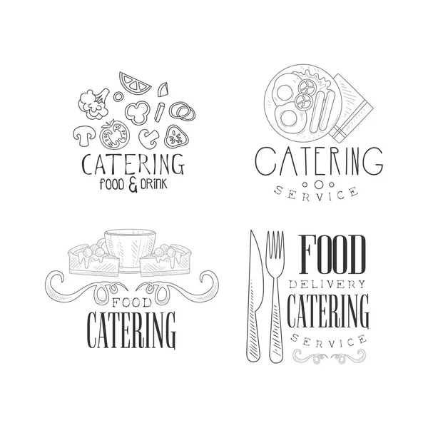 Logos de servicio de catering y comida a domicilio en estilo sketch. emblemas monocromáticos con verduras, desayuno inglés, taza de café con pasteles y cubiertos — Vector de stock