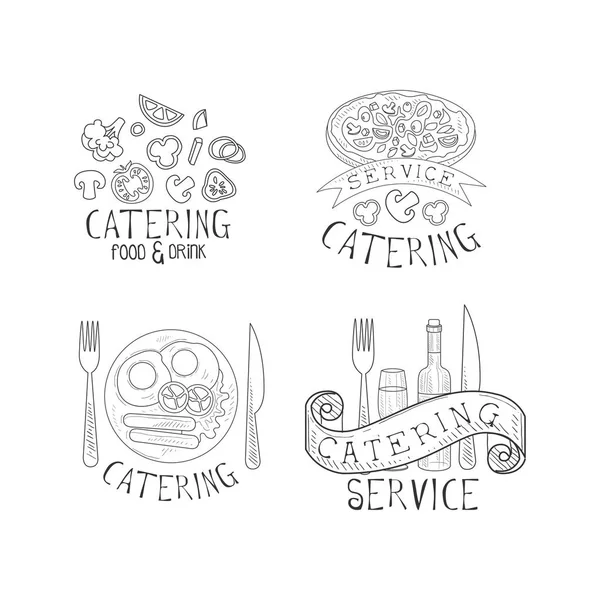 Ensemble vectoriel de 4 logos pour les services de restauration. Croquis emblèmes avec légumes, pizza savoureuse, petit déjeuner anglais, bouteille de vin et verre. Thème alimentaire — Image vectorielle