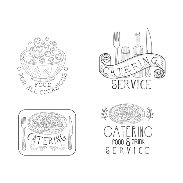 Insignes monochromes pour les entreprises de restauration. Emblèmes vectoriels dessinés à la main avec saladier, bouteille de vin et verre, pizza et texte calligraphique — Image vectorielle