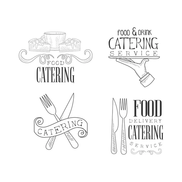 Ensemble vectoriel d'emblèmes de style croquis pour les services de restauration. Logos dessinés à la main avec tasse à café et gâteaux, main avec plateau de service et couverts — Image vectorielle