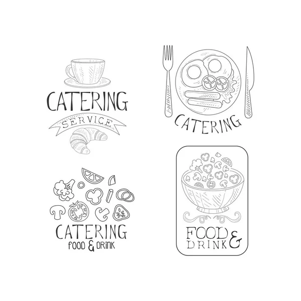 Logotipos creativos de servicio de catering en estilo sketch. Emblemas vectoriales dibujados a mano con taza de café, desayuno inglés, verduras y ensaladera — Vector de stock