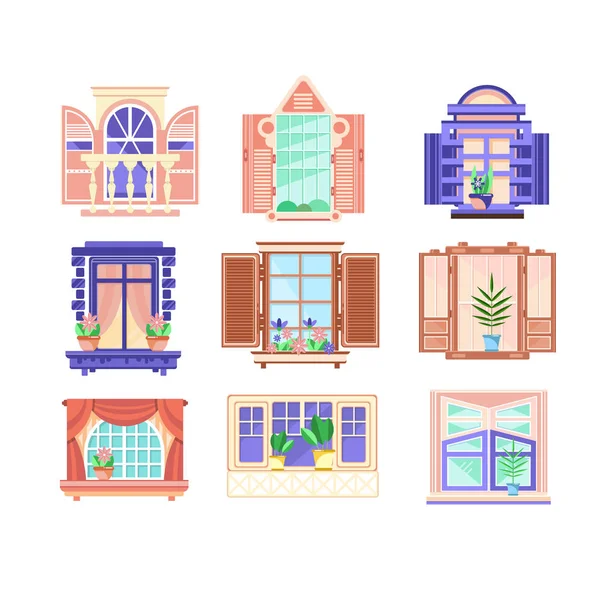 Conjunto de vectores planos de marcos de ventanas de colores. Flores en macetas en las ventanas. Elementos de decoración de casa. Edificio tema exterior — Vector de stock