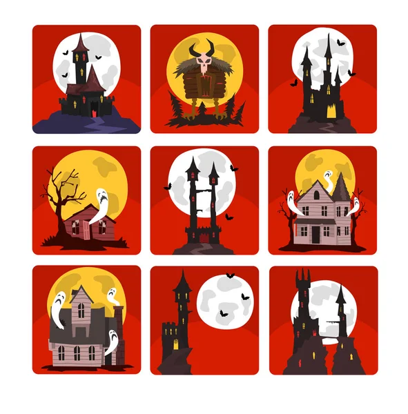 Platte vector set eng kastelen met volle maan en vleermuizen, oude huizen met spoken en griezelig hut op poten van de kip. Halloween-thema — Stockvector