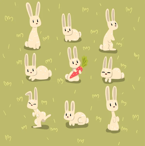 Flache Vektor-Set von kleinen Hasen in verschiedenen Posen auf grünem Gras. Lustiges Tier mit langen Ohren. Elemente für Kinderbuch, Postkarte oder Druck — Stockvektor