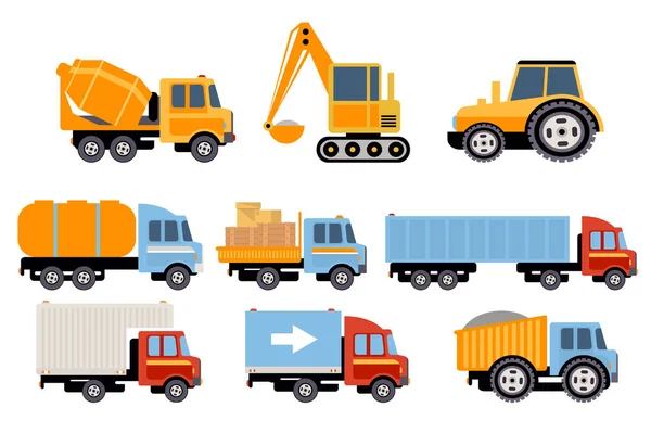 Bau- und Frachttransportset, schweres Gerät, Vektor-Illustrationen für Baufahrzeuge auf weißem Hintergrund — Stockvektor